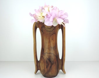 Vintage Hand Carved Wooden Vase, Hand Carved Olive Wood Vase From Spain, Falcon Spain