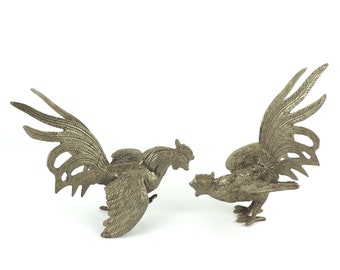 French Vintage Fighting Cocks, French Vintage Fighting Roosters, Small Silver Plated Fighting Cock Figurines Set Of 2,