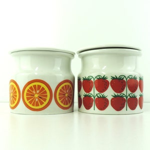 Vintage Arabia Of Finland Jam Pots With Lid Set Of 2, Arabia Pomona Jam Pots With Lid Strawberry And Orange Pair