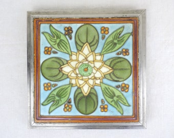 Art Nouveau Tile Trivet, Antique French Trivet, French Antique Tile Trivet, Art Nouveau Lotus Flower Trivet