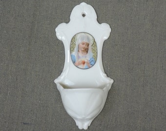 Antique French Holy Water Font/French Antique Benitier/Porcelain Virgin Mary Holy Water Font/Mother Mary Holy Water Font