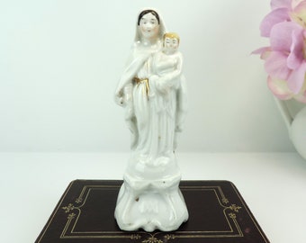 Antique Virgin Mary With Baby Jesus Figurine, French Antique Virgin Mary And Baby Jesus, Madonna And Child