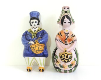 Franse vintage keramische landelijke man en vrouw stringdispenser en schaarhouder, stringhouder, schaarhouder