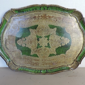 Vintage Florentine Serving Tray, Vintage Italian Serving Tray, Green And Gold Florentine Tray