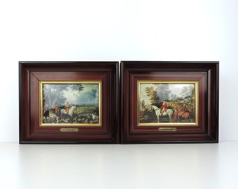 Franse vintage schilderijen geëmailleerd op koper, set van 2, paar vintage geëmailleerde vernet-afdrukken op koper, vintage Helca geëmailleerde print op koper