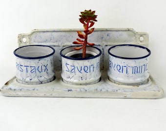 French Vintage Enamel Pots With Shelf/French Vintage Enamelware/ French Shabby Chic