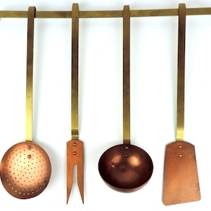 Vintage Copper & Brass Kitchen Utensil Set with Rack