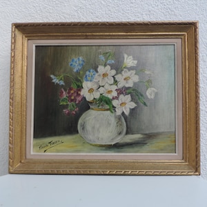 Vintage French Oil Painting On Canvas In A Gold Frame, Vintage Original Art Still Life Signed Painting On Canvas Claude Tixier