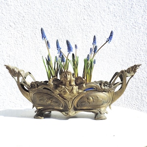 Antique French Planter, French Solid Brass Planter, Art Nouveau Jardiniere With Lady