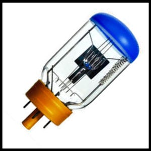 May include: A clear glass light bulb with a blue cap and an orange base. The bulb has internal filaments and a metal structure. The base has two prongs. The bulb is designed for automotive use.