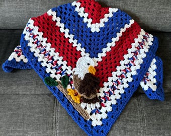 American Flag Crochet Baby Blanket with Bald Eagle Applique - Patriotic Newborn Gift for July 4th