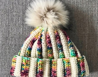 Handmade Rainbow Merino Wool Beanie with Faux Fur Pompom - Hand-Dyed Winter Hat