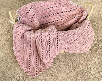 Handmade Crochet Baby Blanket - Blush Pink Acrylic Picot Shell Border - Newborn Girl Gift