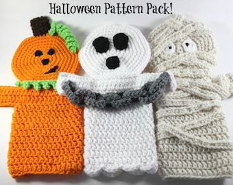 Halloween Crochet Hand Puppet Patterns: Ghost, Mummy, Pumpkin PDF Download for Spooky Theater Play