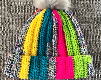 Rainbow Crochet Beanie: Neon 80s Ski Party Hat with Faux Fur Pompom - Handmade Multicolor Birthday Cap