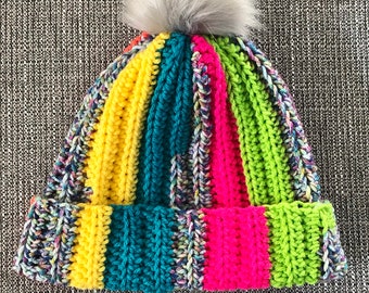 Rainbow Beanie - 80s Ski Party - Neon Birthday Party - Womens Beanie - Handmade Beanie - Crochet Beanie - Multicolor Beanie - 80s  Ski