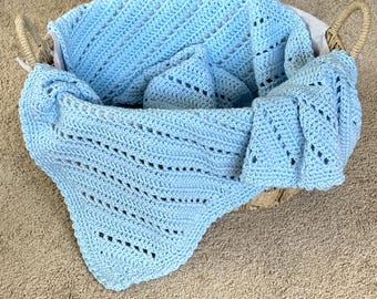 Handmade Crochet Baby Blanket - Pastel Blue Acrylic - Picot Design - Boy Newborn Gift Shower Ready Ship