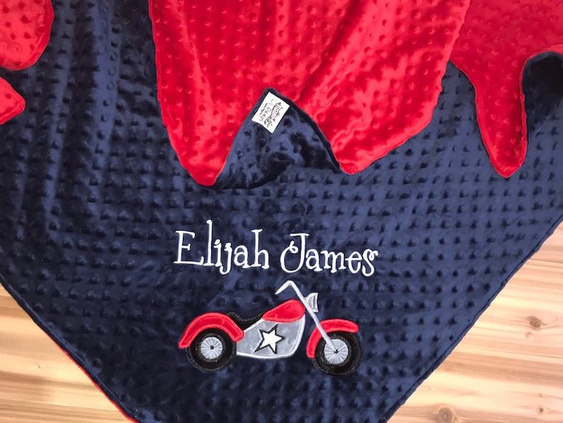 Embroidered Motorcycle Motorcycle Personalized Minky Baby Blanket Navy Red Minky