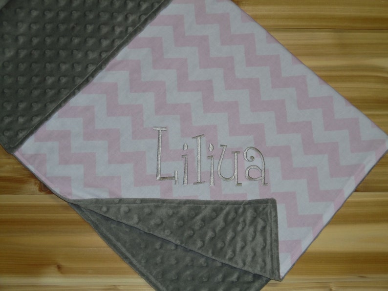 Custom Monogram Medium Pink Chevron with Silver Minky Minky Baby Blanket
