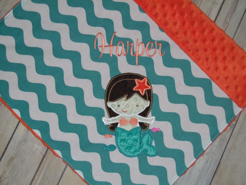 Personalized Minky Baby Blanket Mermaid Blanket Teal Wave /& Salmon Minky