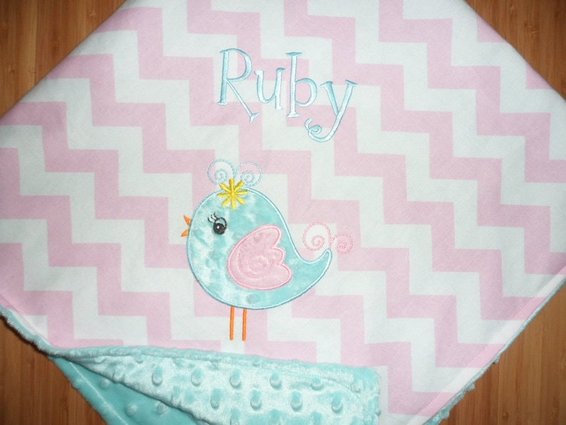 Personalized Baby Bird Minky Blanket Birdie Pink Chevron with Aqua Minky