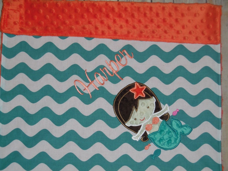 Personalized Minky Baby Blanket Mermaid Blanket Teal Wave /& Salmon Minky