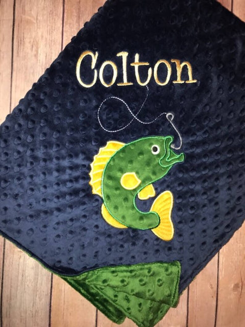 Fishing Personalized Minky Baby Blanket Navy Minky/ Green Etsy
