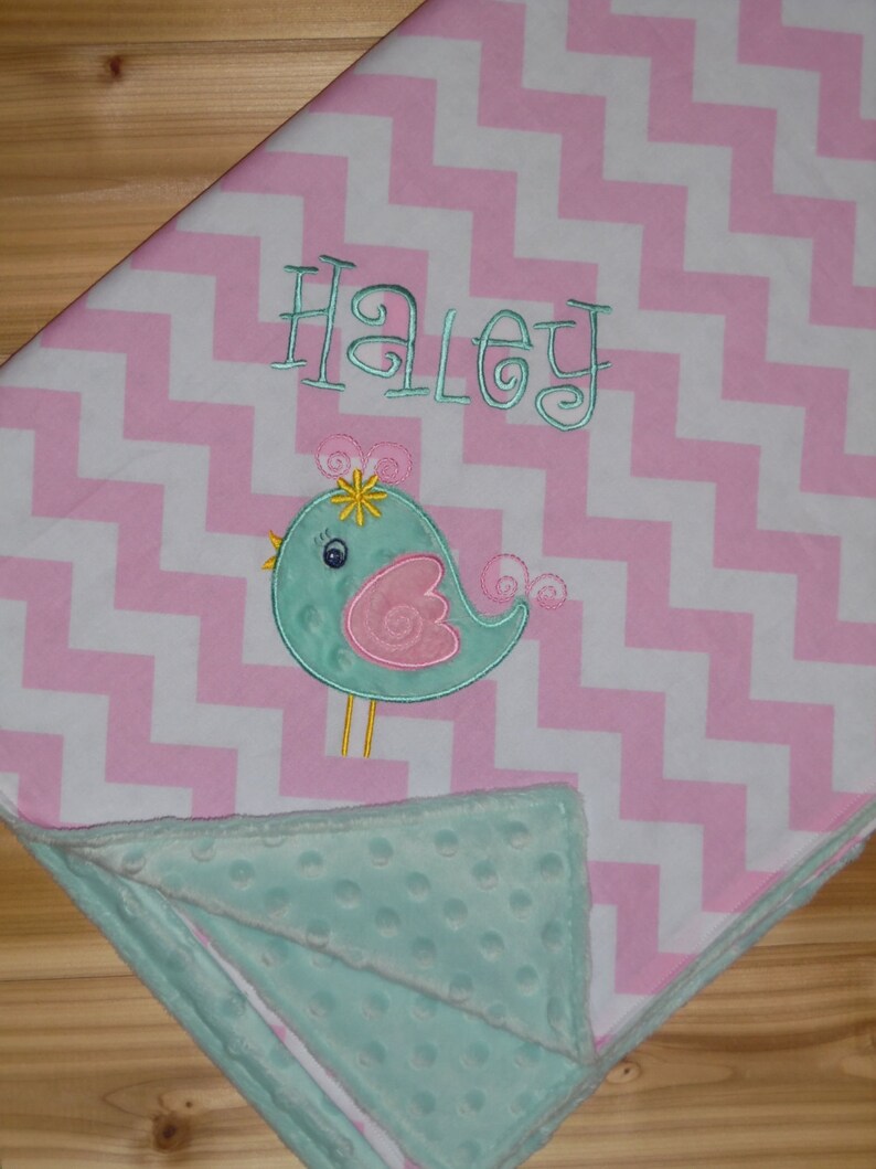 Personalized Baby Bird Minky Blanket Birdie Pink Chevron with Aqua Minky