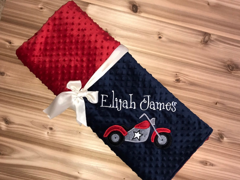 Embroidered Motorcycle Motorcycle Personalized Minky Baby Blanket Navy Red Minky