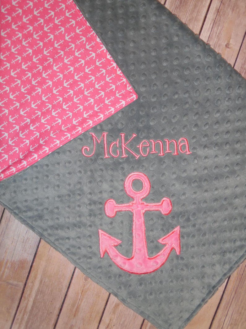 Gray Minky and Anchor Print Personalized Minky Baby Blanket with Embroidered Anchor