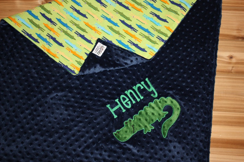 Alligator Personalized Navy Minky Baby Blanket with Embroidered Alligator Alligator print