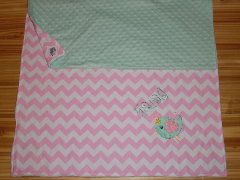 Personalized Baby Bird Minky Blanket Birdie Pink Chevron with Aqua Minky