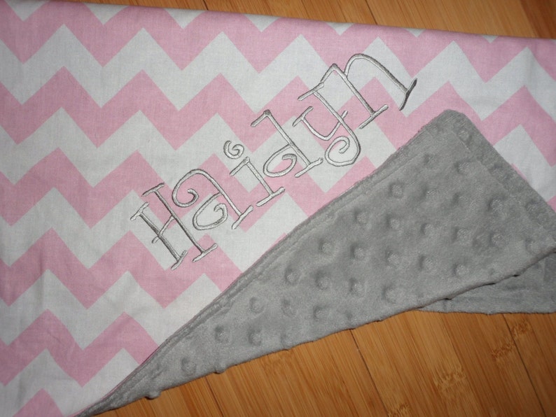 Custom Monogram Medium Pink Chevron with Silver Minky Minky Baby Blanket