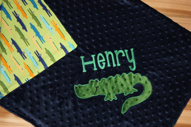 Alligator Personalized Navy Minky Baby Blanket with Embroidered Alligator Alligator print