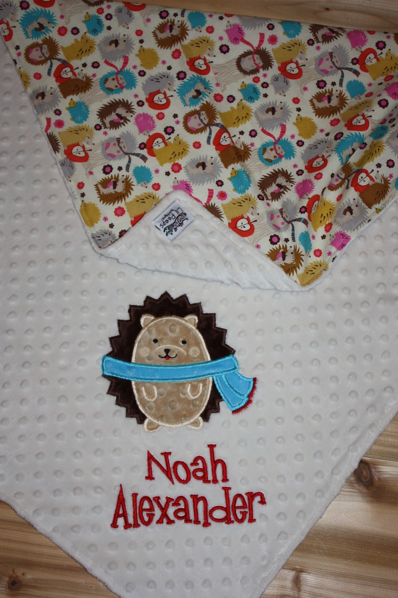 Hedgehog Personalized Cream Minky Baby Blanket with Hedgehog print