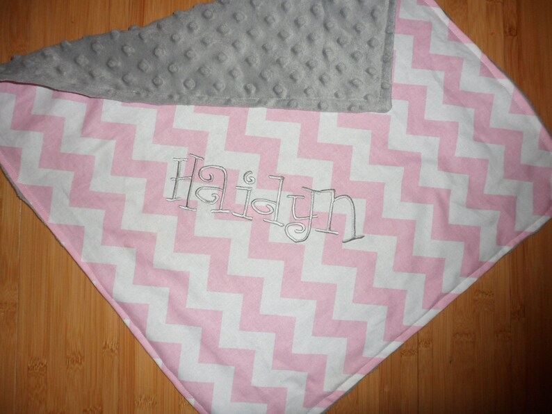 Custom Monogram Medium Pink Chevron with Silver Minky Minky Baby Blanket