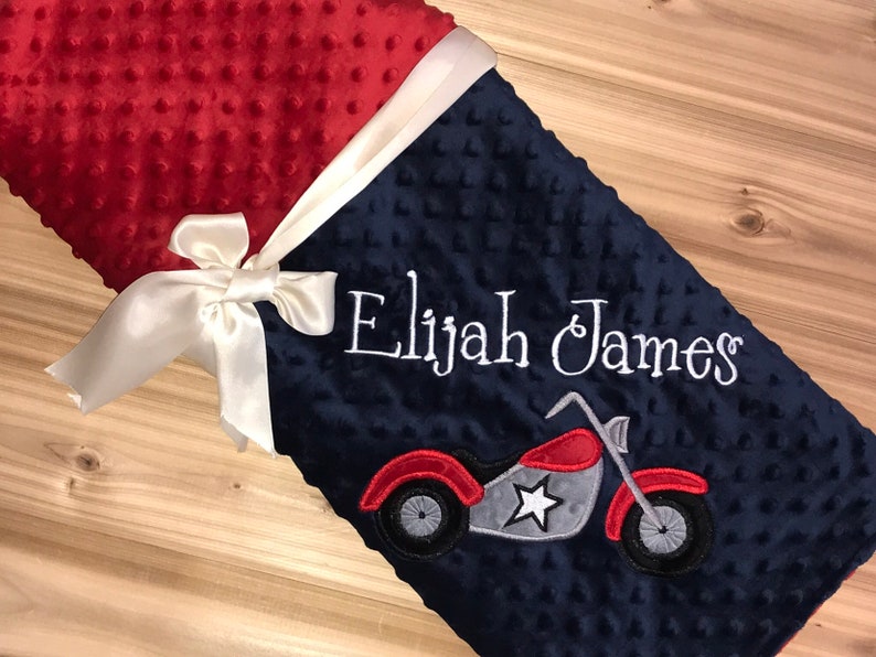 Embroidered Motorcycle Motorcycle Personalized Minky Baby Blanket Navy Red Minky