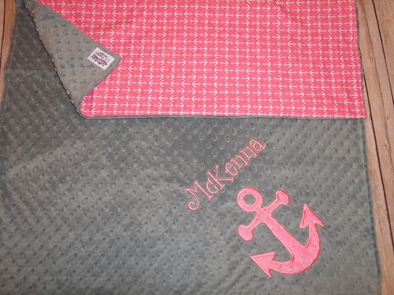 Gray Minky and Anchor Print Personalized Minky Baby Blanket with Embroidered Anchor