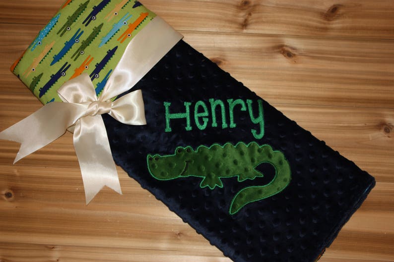 Alligator Personalized Navy Minky Baby Blanket with Embroidered Alligator Alligator print