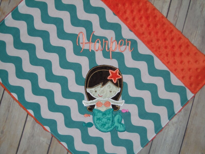 Personalized Minky Baby Blanket Mermaid Blanket Teal Wave /& Salmon Minky