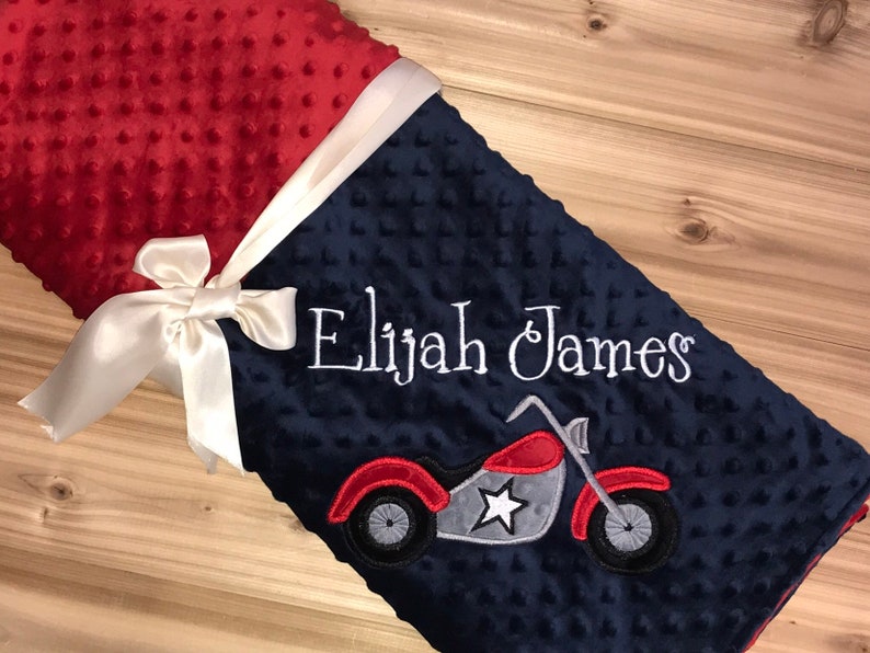 Embroidered Motorcycle Motorcycle Personalized Minky Baby Blanket Navy Red Minky