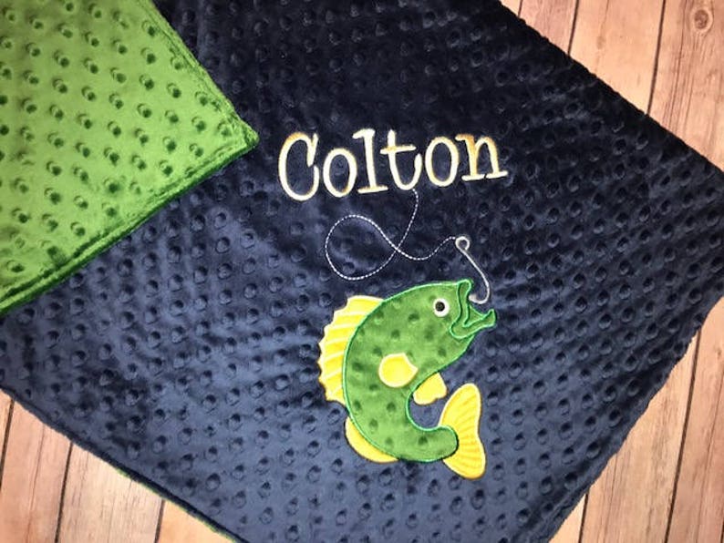 Fishing Personalized Minky Baby Blanket Navy Minky/ Green Etsy