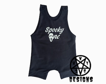 Spooky One First Birthday Horror Halloween Overall Cuffed Romper Jumpsuit