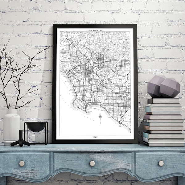 LOS ANGELES Wall Art Map Print, Historical 1926 Black and White Map of LA, Perfect For Home or Office Decor Decor
