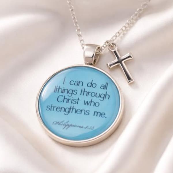Philippians 4:13 Scripture Pendant Necklace, Antique Silver Cross Charm