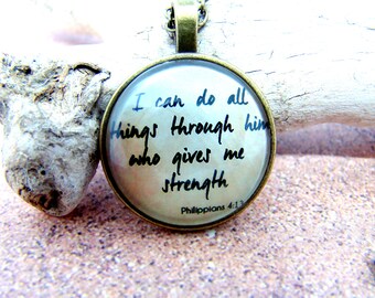 I can do all things through him who gives me strength pendant necklace with chain, inspirational pendant,Philippeans 4:13, scripture