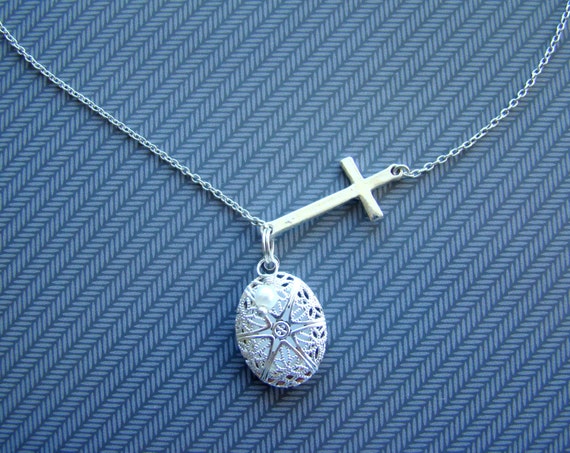 Sideways Cross Pearl Diffuser Necklace: Sterling Silver Aroma - Main Image
