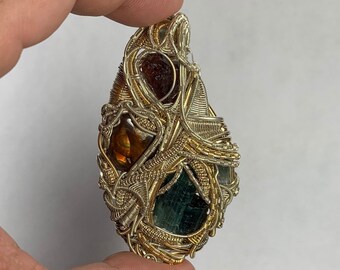 Indicolite Tourmaline, Etched Spessartine Garnet, and Fire Agate Sterling Silver and 14/20 Gold Fill Wire Wrapped Pendant E934