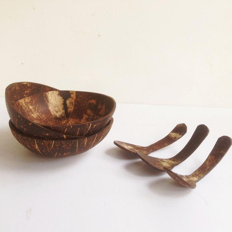 set of smallest size coconut shell plates set 3 bowls,6x 2 inch vegan gift,wooden gift,birthday gift,easter,wedding gift,gift
