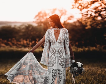 Boho Wedding Dress, Bohemian Wedding Dress, Lace Wedding Dress, Slit Wedding Dress, Open Back Wedding Dress